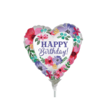 Heart-shaped birthday balloon with floral print and "Happy Birthday" text