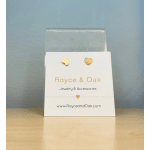 Gold heart stud earrings on a branded card in a clear sleeve