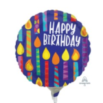 Round birthday balloon with colorful candle pattern and "Happy Birthday" text