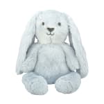Light blue plush bunny with long floppy ears sitting upright against white
