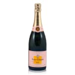 Bottle of rosé champagne with pink label and gold foil top on a white background