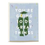 Graduation card with a green cap and gown on a blue background