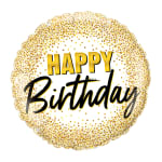 Round gold birthday balloon with confetti and "Happy Birthday" text