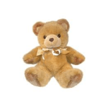 Tan teddy bear with a ribbon bow on a white background