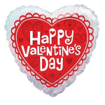 Heart-shaped Valentine's Day balloon with red text and heart patterns