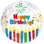 Round birthday balloon with colorful "Happy Birthday" text