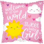 Pink baby shower balloon with sun and cloud graphics