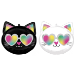 Two cat-face balloons with rainbow heart-shaped glasses, one black and one white.