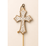 Decorative wooden cross ornament on a stick with a rope hanger