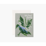 Sympathy card with painted lily of the valley and a blue ribbon