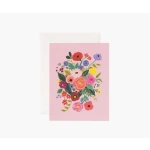 Pink greeting card with a colorful floral bouquet illustration