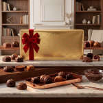 Gold gift box with a red bow surrounded by assorted chocolates