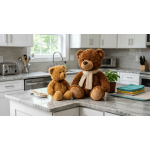 Two teddy bears on a kitchen island with a small potted plant and folded towels
