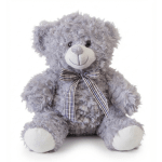 Lavender plush teddy bear with a plaid ribbon bow