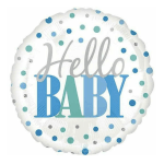 Round foil balloon with "Hello Baby" text and blue polka dots