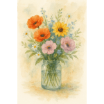 Watercolor bouquet of mixed flowers in a glass jar
