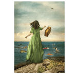 Surreal artwork of a girl in a green dress by the sea with floating objects