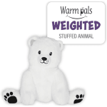 White stuffed polar bear with a product label above it