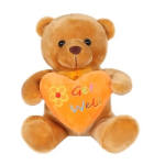Plush teddy bear holding a heart-shaped pillow with "Get Well" text