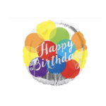 Round birthday balloon with colorful circles and white text
