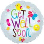 Round foil balloon with colorful "Get Well Soon" text and butterflies