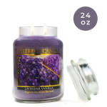 Purple lavender vanilla candle in a glass jar with a lid