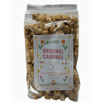 Bag of caramel popcorn in clear packaging with a printed label