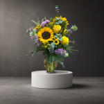 Sunflower and yellow rose arrangement in a glass vase