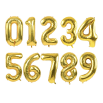 Gold number balloons arranged in two rows on a white background