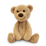Tan teddy bear plush toy sitting on a white background