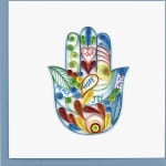 Colorful paper quilling hand with words like love, peace, hope, joy, and faith