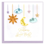 Baby shower card with hanging sun, moon, cloud, and star decorations