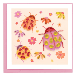 Pink greeting card with colorful paper ladybugs and flowers