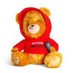 Teddy bear in a red hoodie holding a remote control