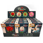 Display of flower building block kits in boxes for rose, tulip, sunflower, and lily