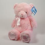 Pink teddy bear with a ribbon and gift tag