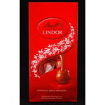 Red box of Lindt Lindor milk chocolate truffles with a small window showing wrapped candies.