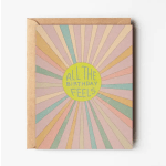 Birthday card with pastel sunburst design and "All the Birthday Feels" text