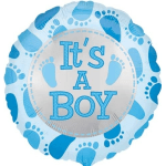 Blue baby shower balloon with "It's a Boy" text and footprints