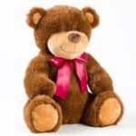 Brown teddy bear with a pink ribbon bow