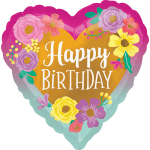 Heart-shaped birthday balloon with floral decorations and "Happy Birthday" text
