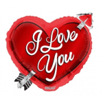 Red heart-shaped balloon with "I Love You" text and arrow graphics