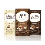 Three Ferrero Rocher chocolate boxes in white, milk, and dark varieties