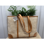 Woven tote bag with tan leather straps and trim