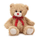 Plush teddy bear with a red ribbon bow