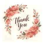 Square thank you card with peach and pink floral wreath around script text