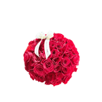 Round bouquet of red roses with a white ribbon bow