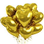 Cluster of gold heart-shaped balloons with curling ribbons