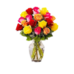 Bouquet of multicolored roses in a clear glass vase