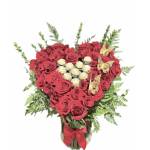 Heart-shaped bouquet of red roses with chocolates and butterfly accents in a vase